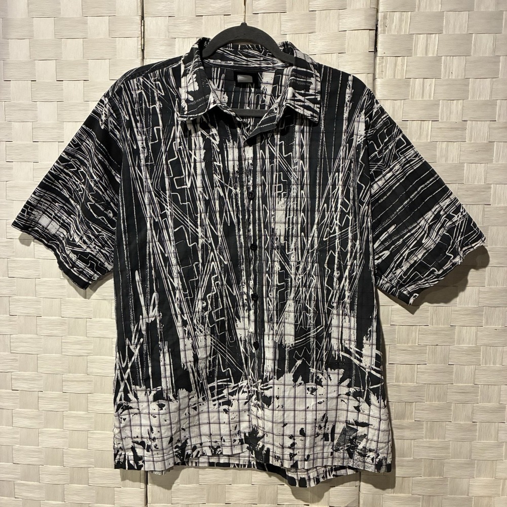 Vintage 90s Abstract Geometric Button Up Shirt Mens XL Black White Plaid
